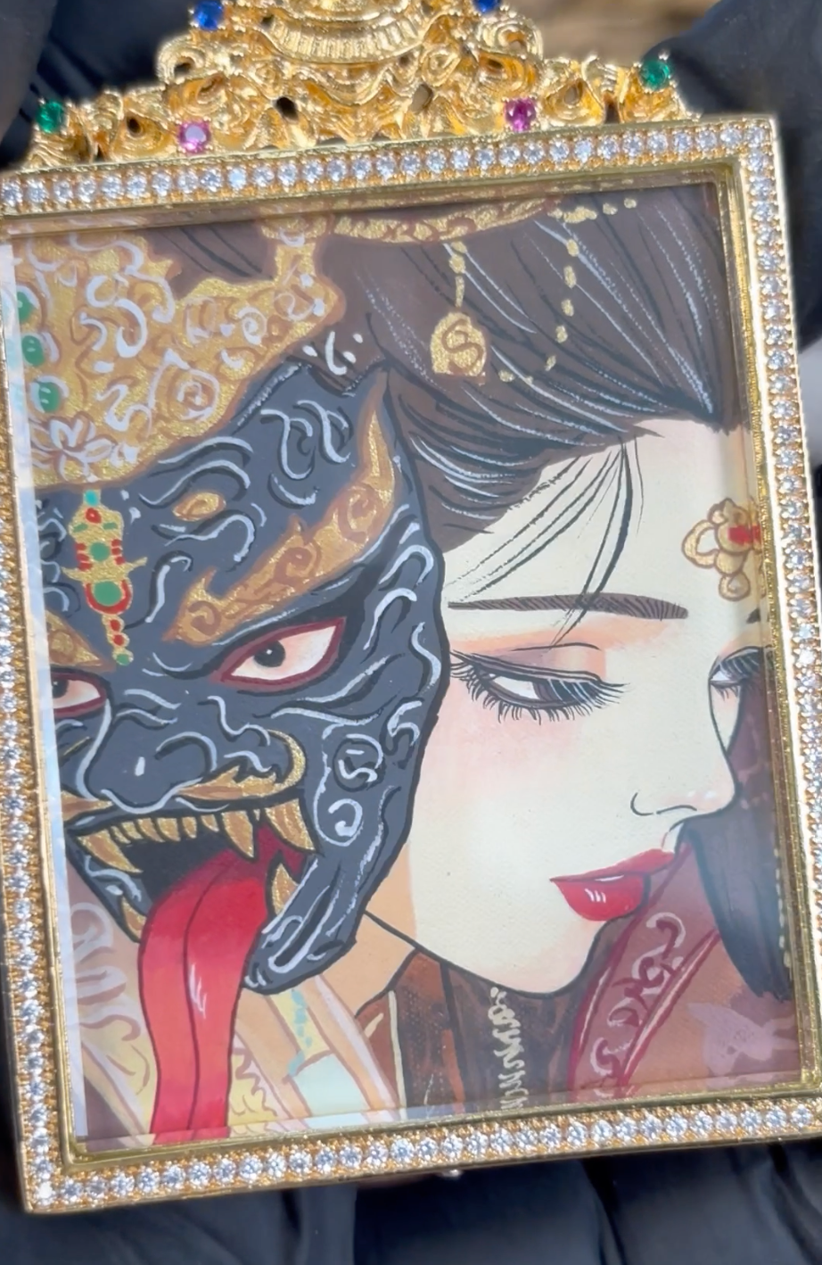 Black Mask Side Profile Thangka - Past, Present, and Future-Thangka Pendant